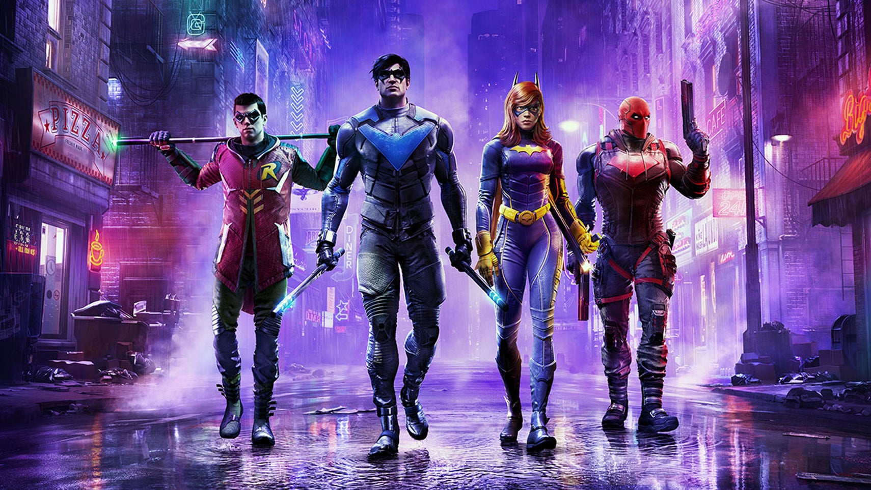 Artwork for Gotham Knights, showing the game's main characters including Batgirl.
