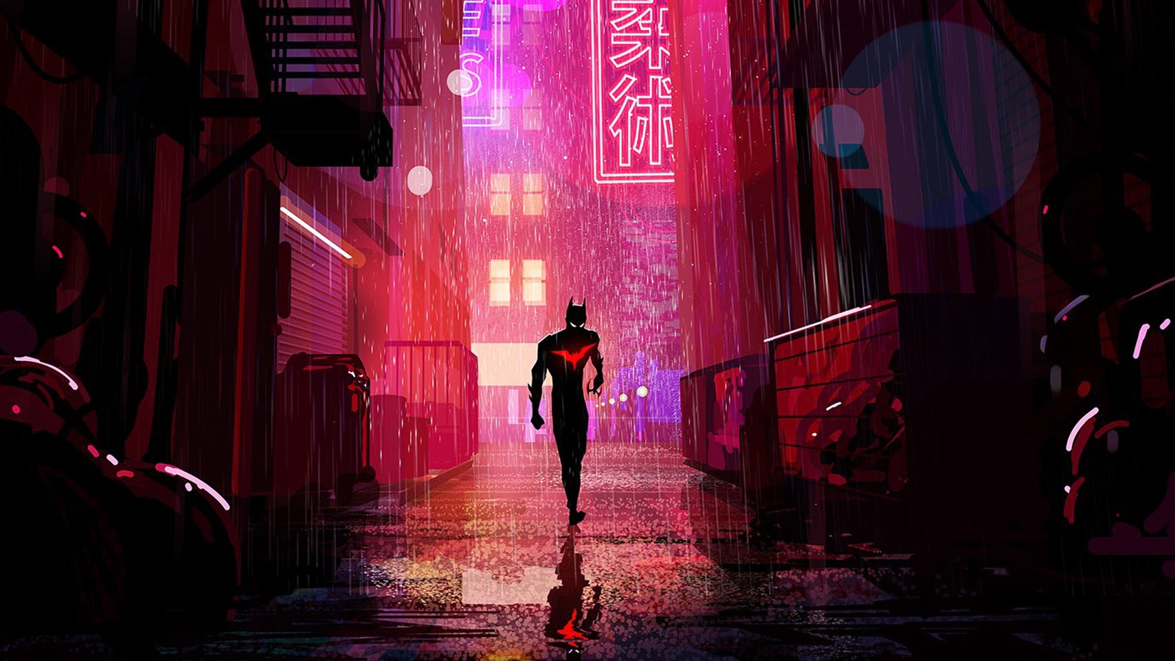 Batman Beyond walks in neon lit alleyway, garbage to the sides, rain pouring down. - 1