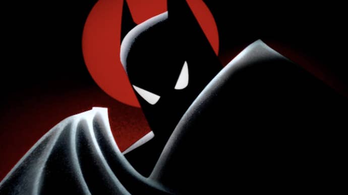 Key art from Batman: The Animated Series showing the titular character silhouetted against a full, red moon, covered in shadow, white eyes appearing from his mask.