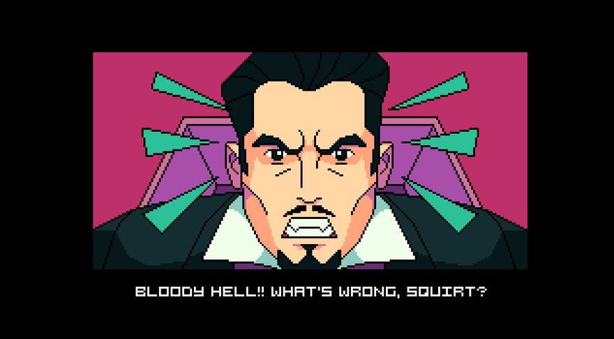 A screenshot from the game BATS showing a man who resembles Dracula looking upset. He’s saying ‘Bloody hell! What’s wrong, squirt?'