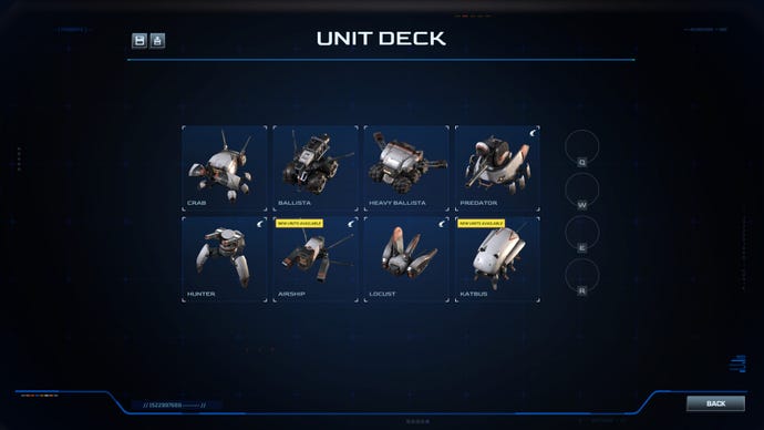 A screenshot of Battle Aces, showing a deck of eight robot-bug units selected in advance of a battle