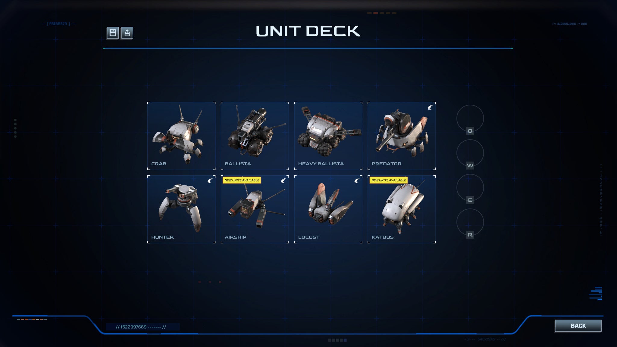 A screenshot of Battle Aces, showing a deck of eight robot-bug units selected in advance of a battle - 4