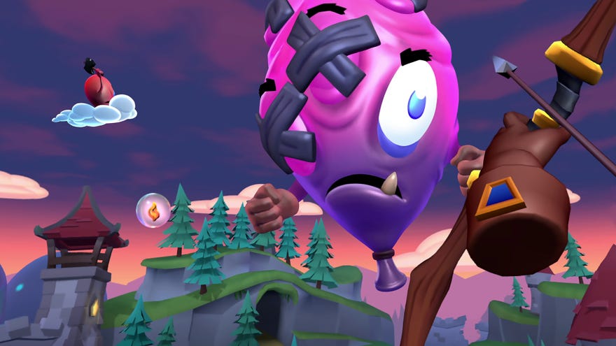 The player takes aim at a balloon enemy in virtual reality in Battle Bows