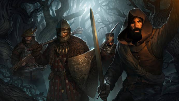 Four warriors of different classes are walking through a dark set of woods in key art for Battle Brothers.