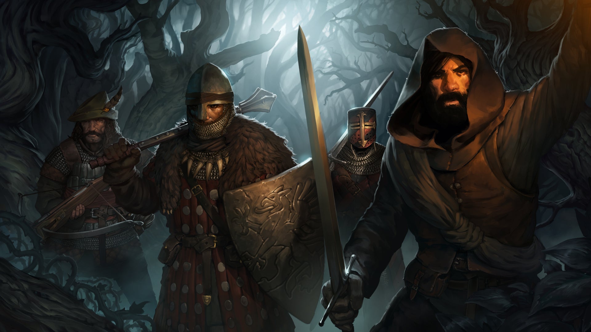 Four warriors of different classes are walking through a dark set of woods in key art for Battle Brothers. - 1