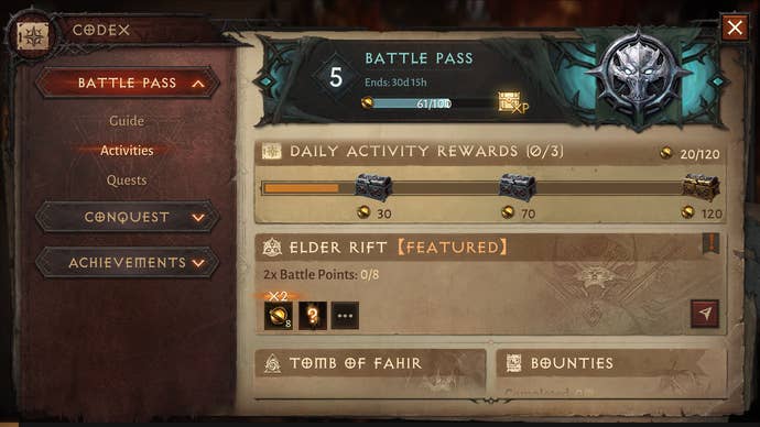 The activities and daily rewards tab for Diablo Immortal’s Battle Pass