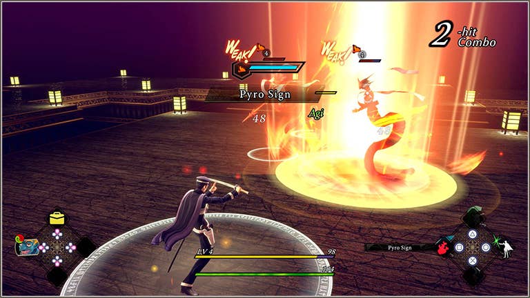 Raidou Kuzunoha in battle, flanked by two demons, setting fire to enemy demons