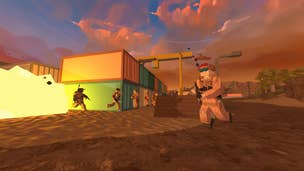 An Assault class player, Medic and Engineer running away from an explosion in Battlebit