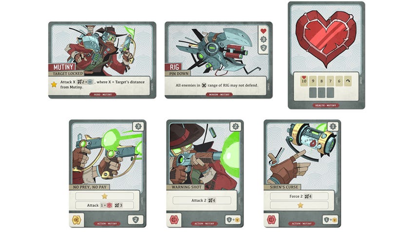 An image of the cards for the Mutiny hero for Battlecrest