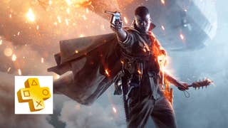 Battlefield 1 artwork of soldier aiming in a pistol in a cape, with PS Plus logo