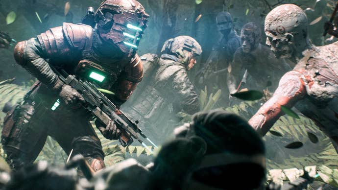 A Battlefield 2042 promo image showing a character resembling Dead Space’s Isaac Clarke running through hordes of zombies as part of the limited-time Outbreak mode.