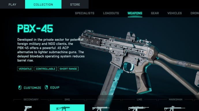 The PBX-45 SMG pictured in the Battlefield 2042 loadout screen.