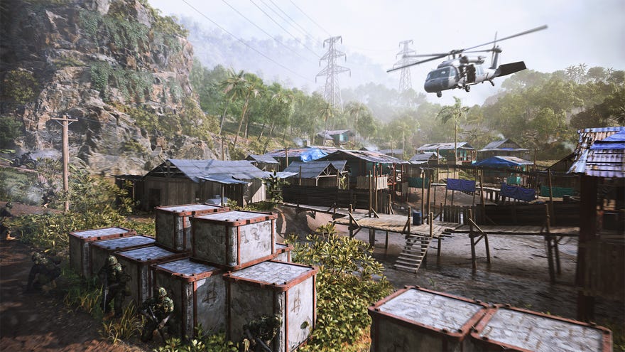 A helicopter soars over a rural village in Battlefield 2042’s Valparaiso map