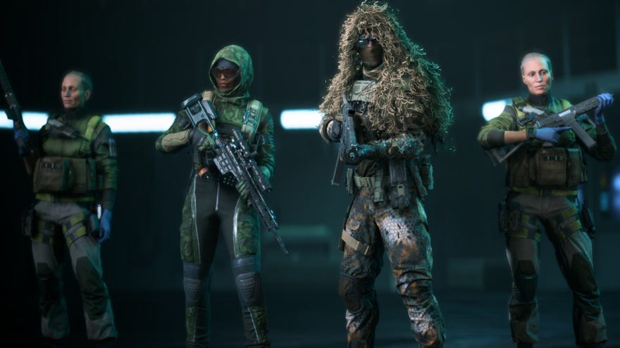 Specialists lined up about to enter a conquest match in Battlefield 2042. Falck, Casper, and Sundance pictured.