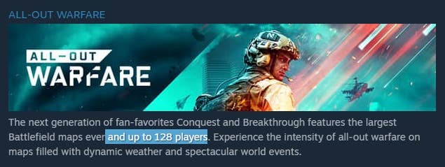 Steam marketing copy for Battlefield 2042 which shows that they’re still advertising “up to 128 players” for a mode that no longer has it.