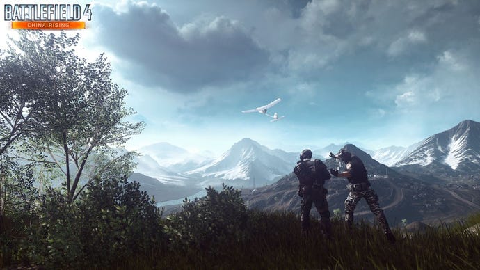 Two soldiers look out over the mountains in China in the China Rising DLC pacakge from Battlefield 4.