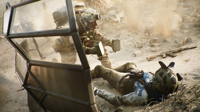 A downed worker being treated by a medic successful Battlefield 2042.