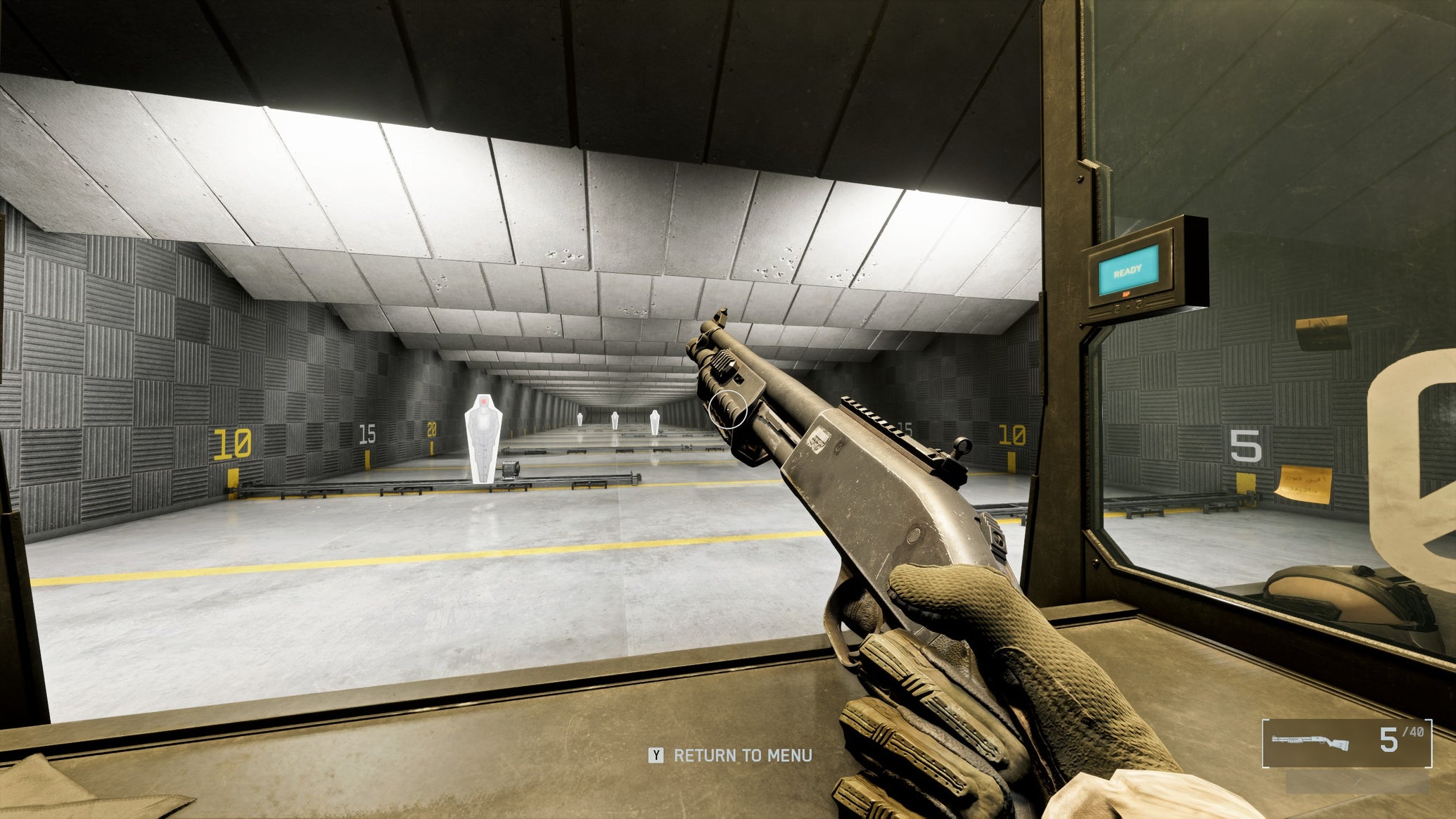 A close-up of the M87A1 Shotgun in Battlefield 6, with the gun tilted sideways by the player, angling towards the top left of the screen. In the background is a firing range. - 1