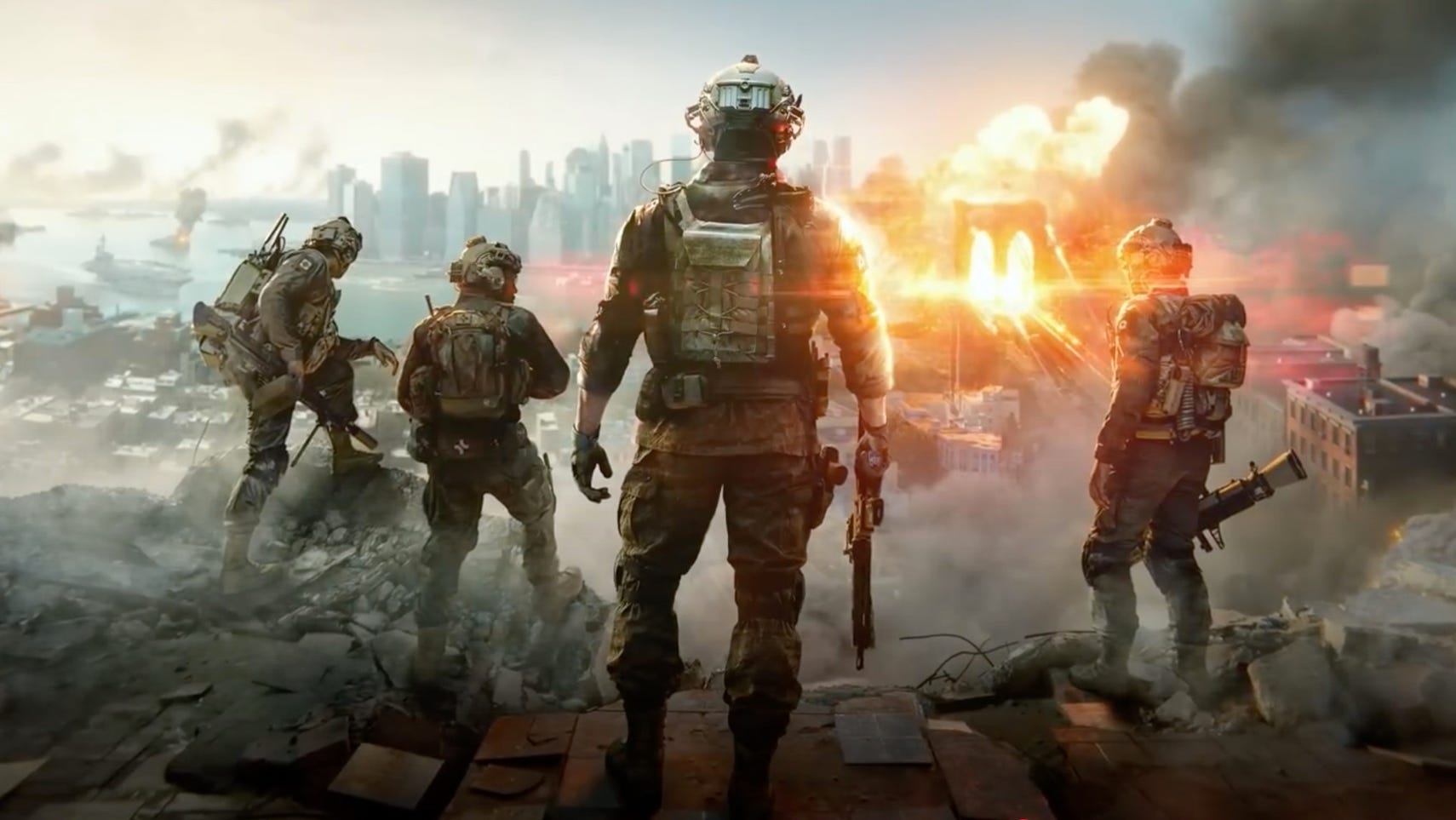 Battlefield 6 promotional art showing a group of soldiers surveying a war-torn city from afar.