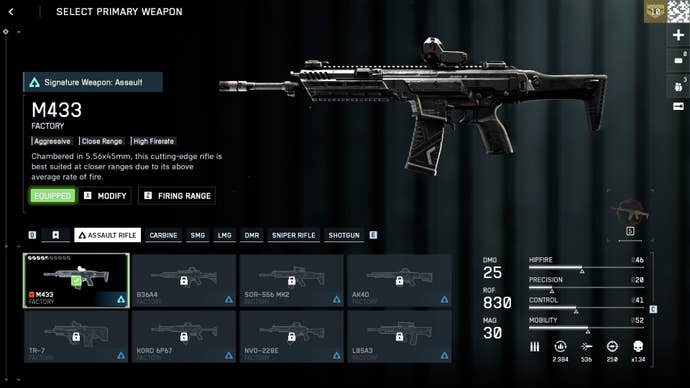 Zrzut ekranu przedstawiający interfejs wyposażenia w Battlefield 6, z dużym karabinem szturmowym w prawym górnym rogu ekranu, na prostym tle. W dolnej części ekranu widoczne są mniejsze obrazy 8 dział, a po prawej stronie wyświetlane są statystyki wybranego działa, M433.