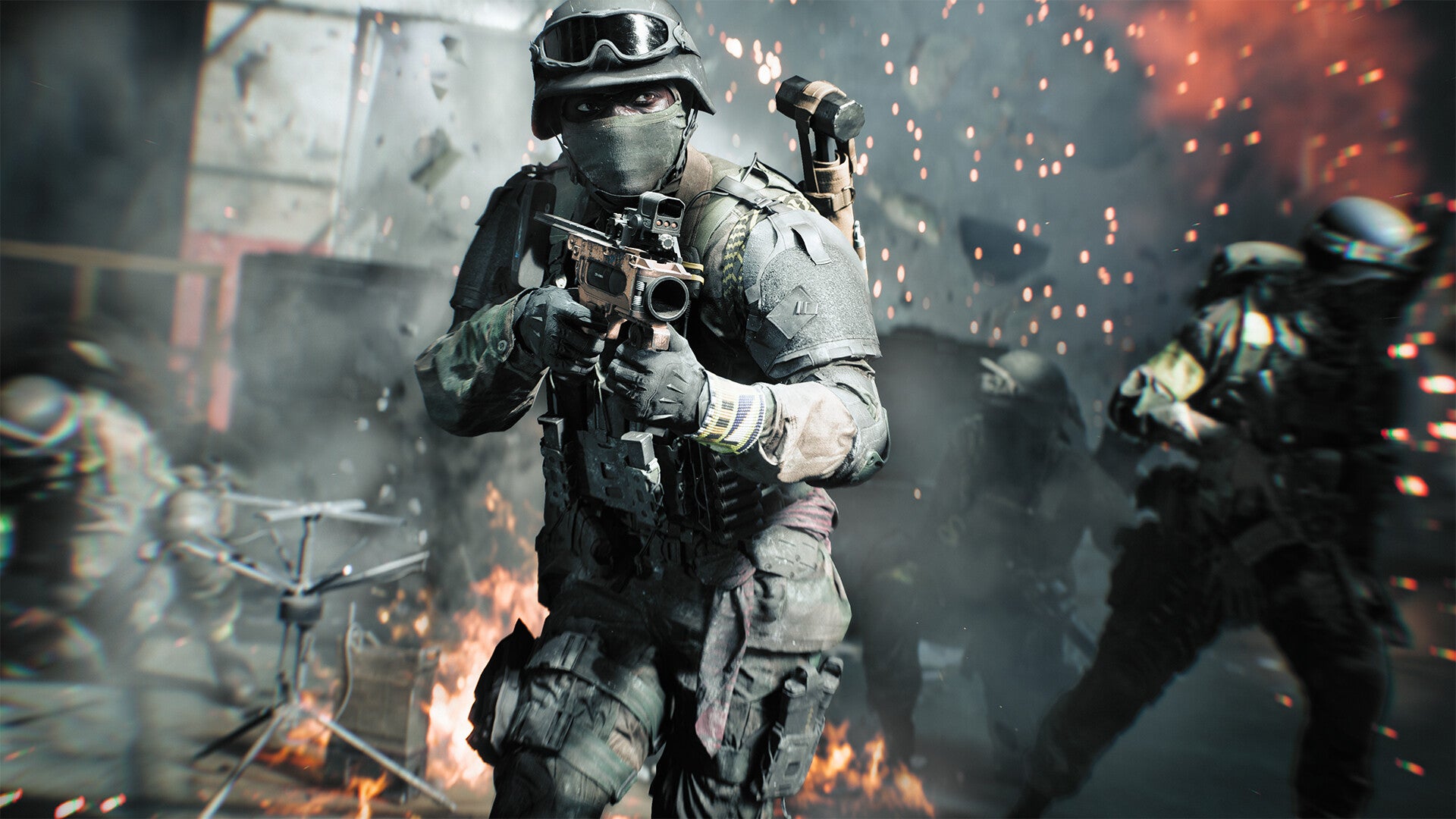 A worker  successful  Battlefield 6 moves towards the camera, holding a tiny  weapon, which is drawn. Another worker  runs to his right, determination   are sparks flying everyplace  and a tiny  occurrence  successful  the inheritance  successful  beforehand   of a crumbling buildings.