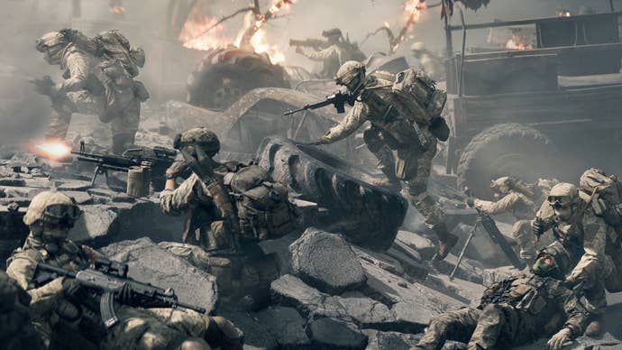 A clump of soldiers warring amid rubble successful Battlefield 6.