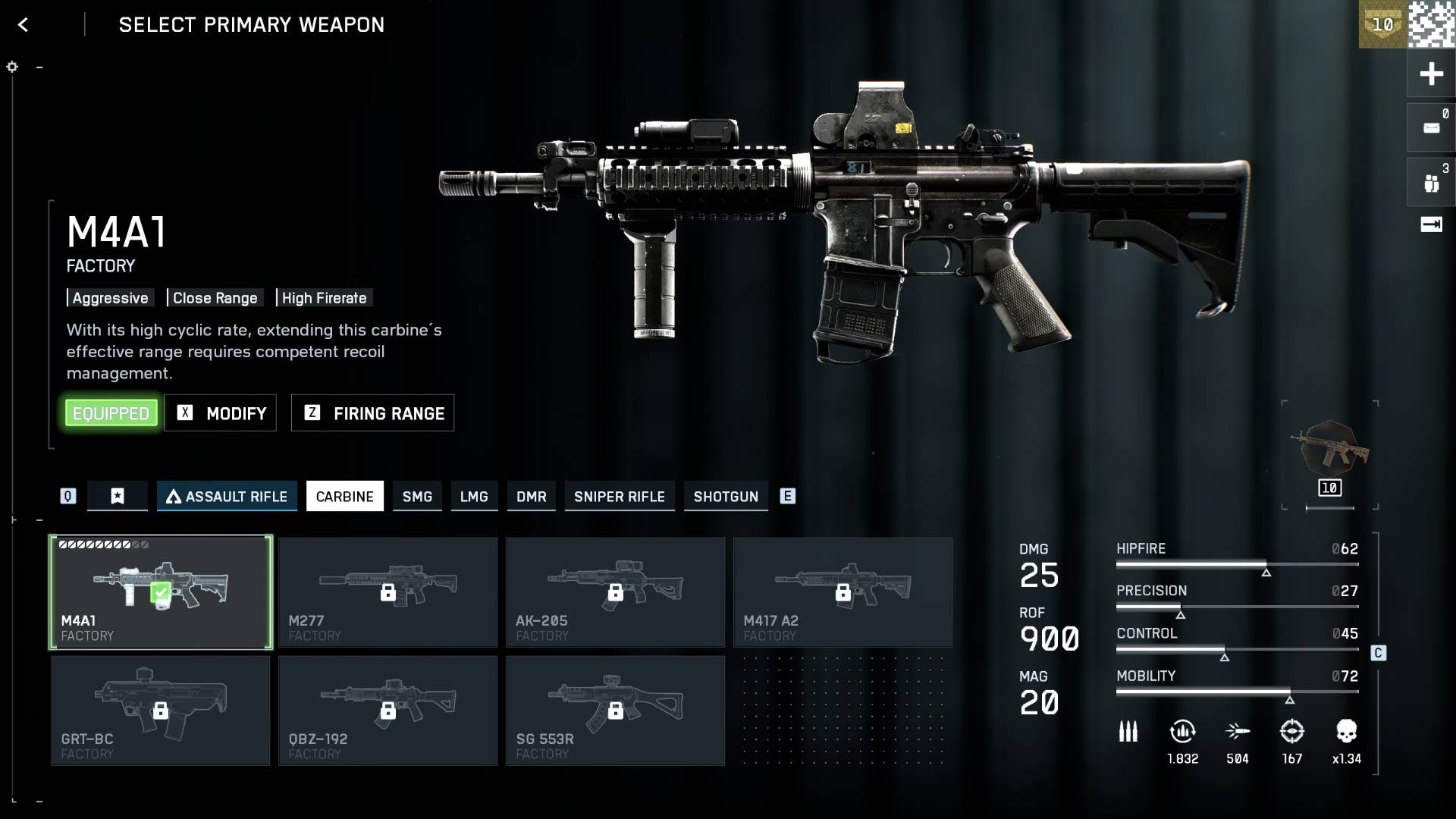 A screenshot of the Battlefield 6 loadout interface, with a large carbine towards the top right portion of the screen, against a plain background. The bottom of the screen shows smaller images of seven guns, and the statistics of the selected gun, the M4A1, are shown to the right.