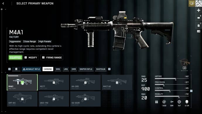 Zrzut ekranu przedstawiający interfejs wyposażenia w Battlefield 6, z dużym karabinem w prawej górnej części ekranu, na prostym tle. W dolnej części ekranu widoczne są mniejsze obrazy siedmiu dział, a po prawej stronie wyświetlane są statystyki wybranego działa, M4A1.