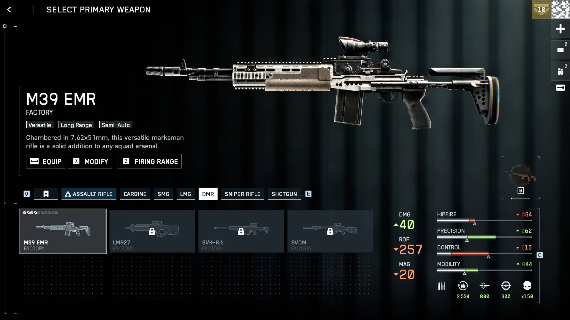 A screenshot of the Battlefield 6 loadout interface, with a DMR towards the top right portion of the screen, against a plain background. The bottom of the screen shows smaller images of four guns, and the statistics of the selected gun, the M39 EMR, are shown to the right.