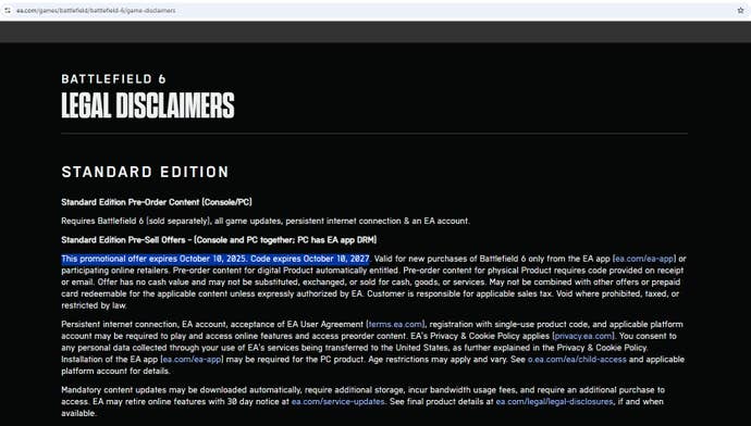 Battlefield 6 legal disclaimer page screenshot