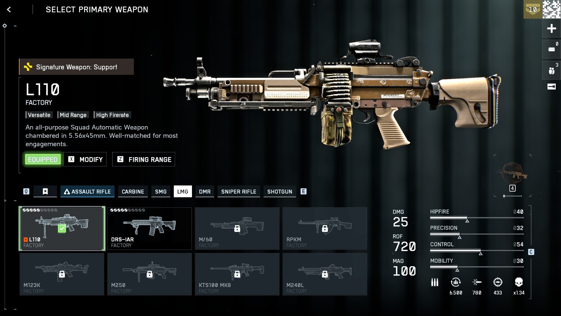 A screenshot of the Battlefield 6 loadout interface, with an LMG towards the top right portion of the screen, against a plain background. The bottom of the screen shows smaller images of eight guns, and the statistics of the selected gun, the L110, are shown to the right. - 6