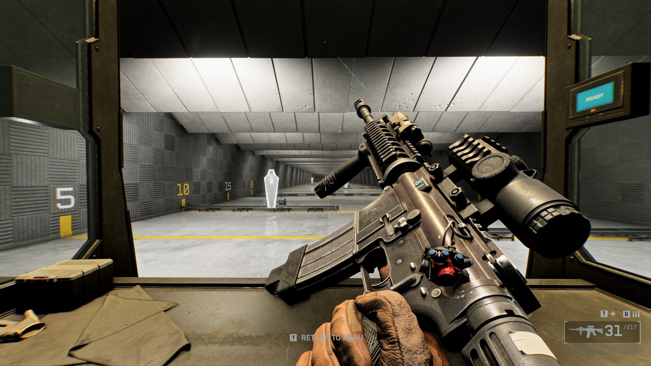 A close-up of the m4a1 carbine in Battlefield 6, with the gun tilted sideways by the player. In the background is a firing range. - 1