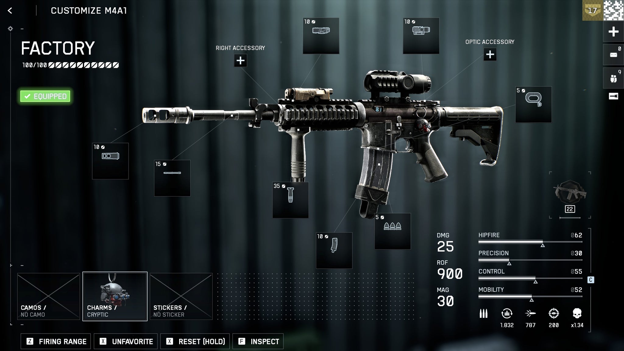 Battlefield 6's loadout screen showing the M4A1 and its labelled loadout components. The word 'factory' is in the top left, with the gun in the centre, and the weapon's stats in the bottom right. - 4