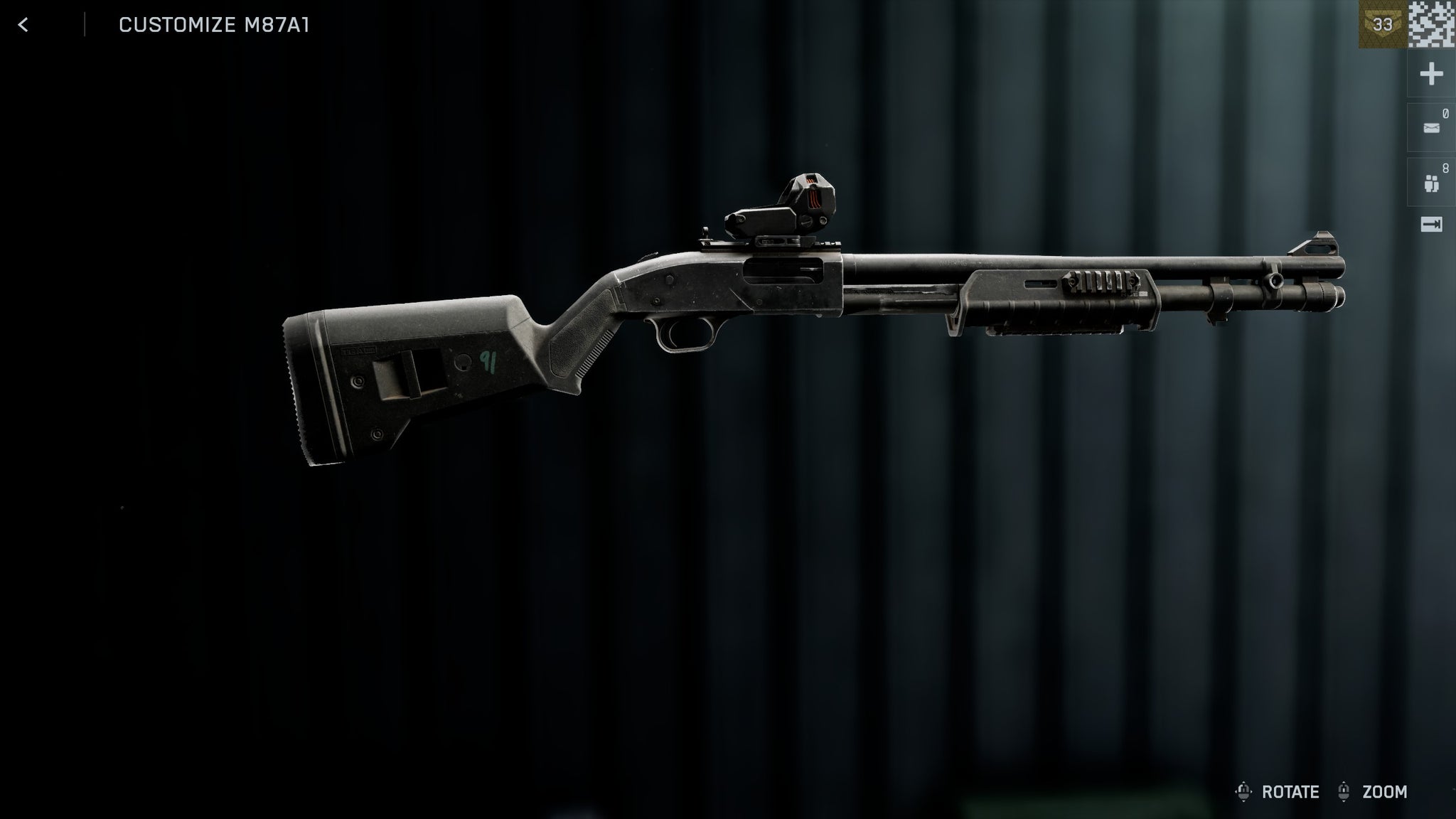 The M87A1 shotgun in Battlefield 6, displayed against a plain black background, with some small UI elements on the edges of the screen. - 12