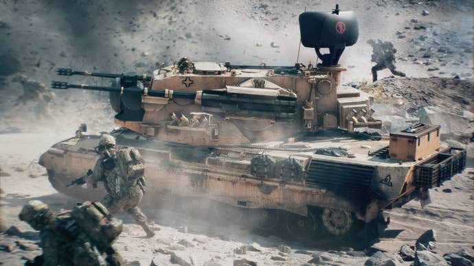 A tank and three foot soldiers press on in an assault in Battlefield 6.