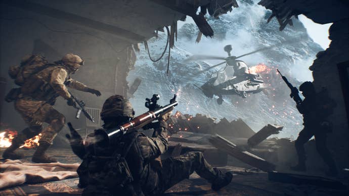 Soliders on the ground in Battlefield 6 take aim at a helicopter encroaching on their position.