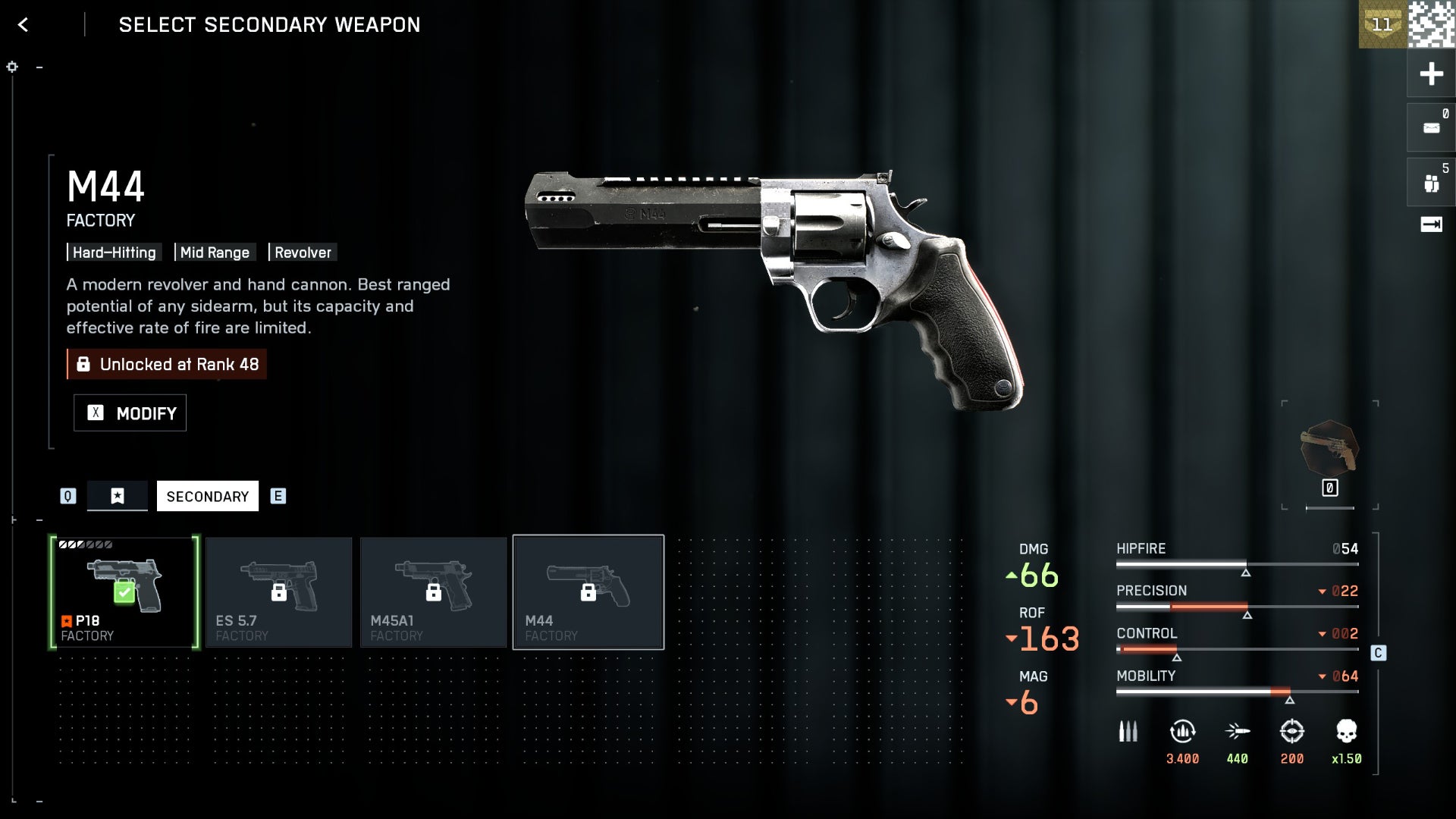 A screenshot of the Battlefield 6 loadout interface, with a pistol towards the top right portion of the screen, against a plain background. The bottom of the screen shows smaller images of four pistols, and the statistics of the selected gun, the M44, are shown to the right. - 10