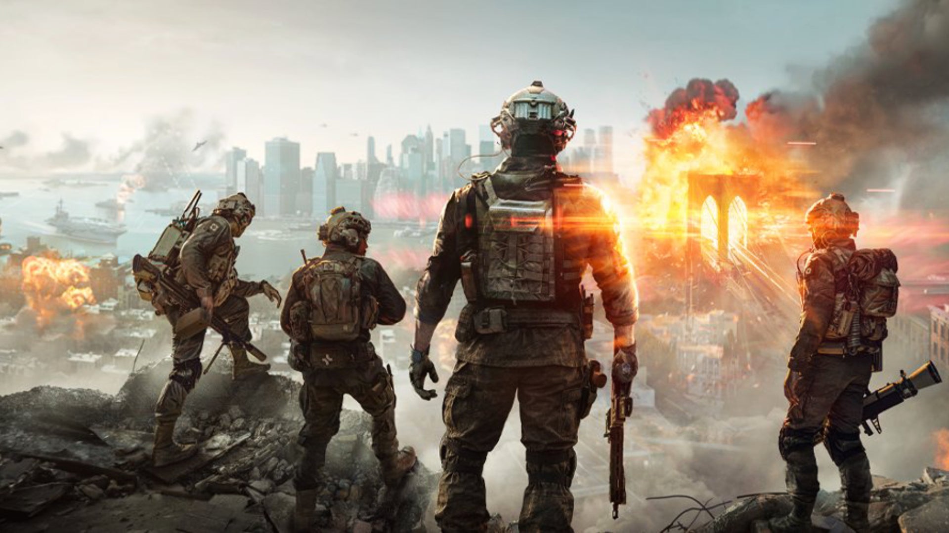 Some soldiers looking at an explosion on a bridge in Battlefield 6. - 1