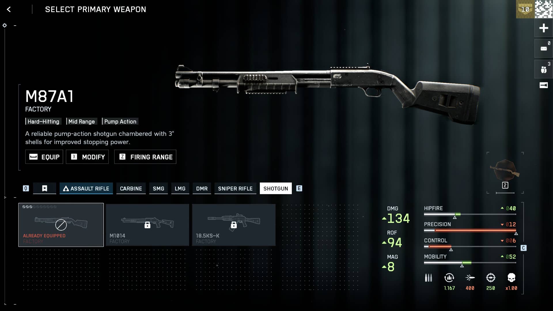 A screenshot of the Battlefield 6 loadout interface, with a shotgun towards the top right portion of the screen, against a plain background. The bottom of the screen shows smaller images of three guns, and the statistics of the selected gun, the M87A1, are shown to the right.