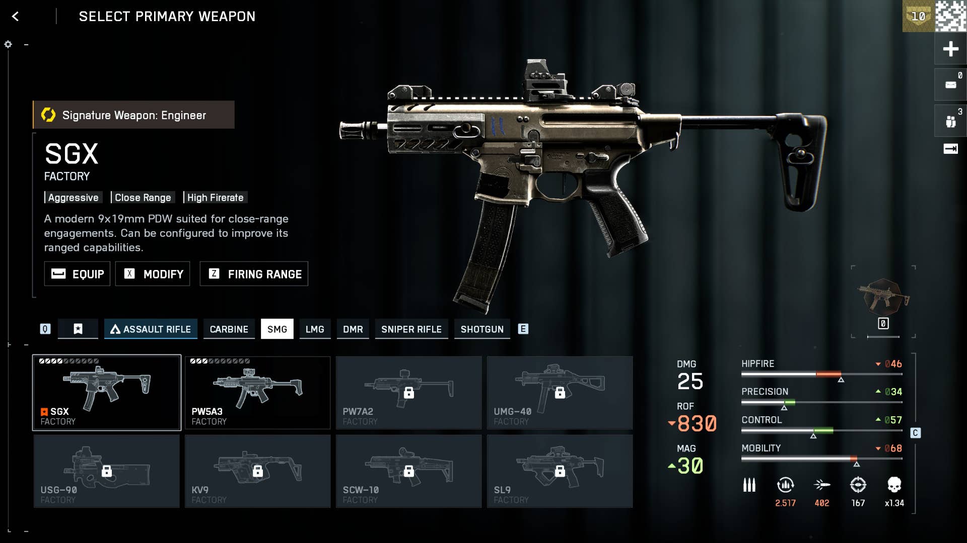 A screenshot of the Battlefield 6 loadout interface, with an SMG towards the top right portion of the screen, against a plain background. The bottom of the screen shows smaller images of seven guns, and the statistics of the selected gun, the SGX, are shown to the right.