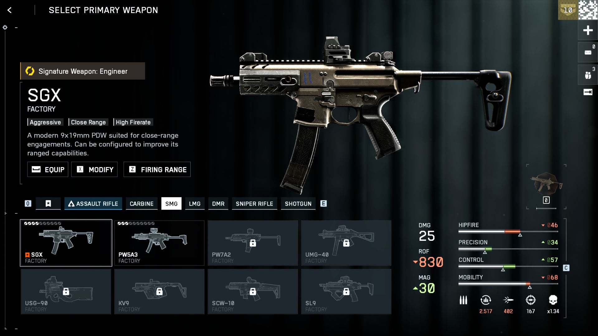 A screenshot of the Battlefield 6 loadout interface, with an SMG towards the top right portion of the screen, against a plain background. The bottom of the screen shows smaller images of seven guns, and the statistics of the selected gun, the SGX, are shown to the right. - 5