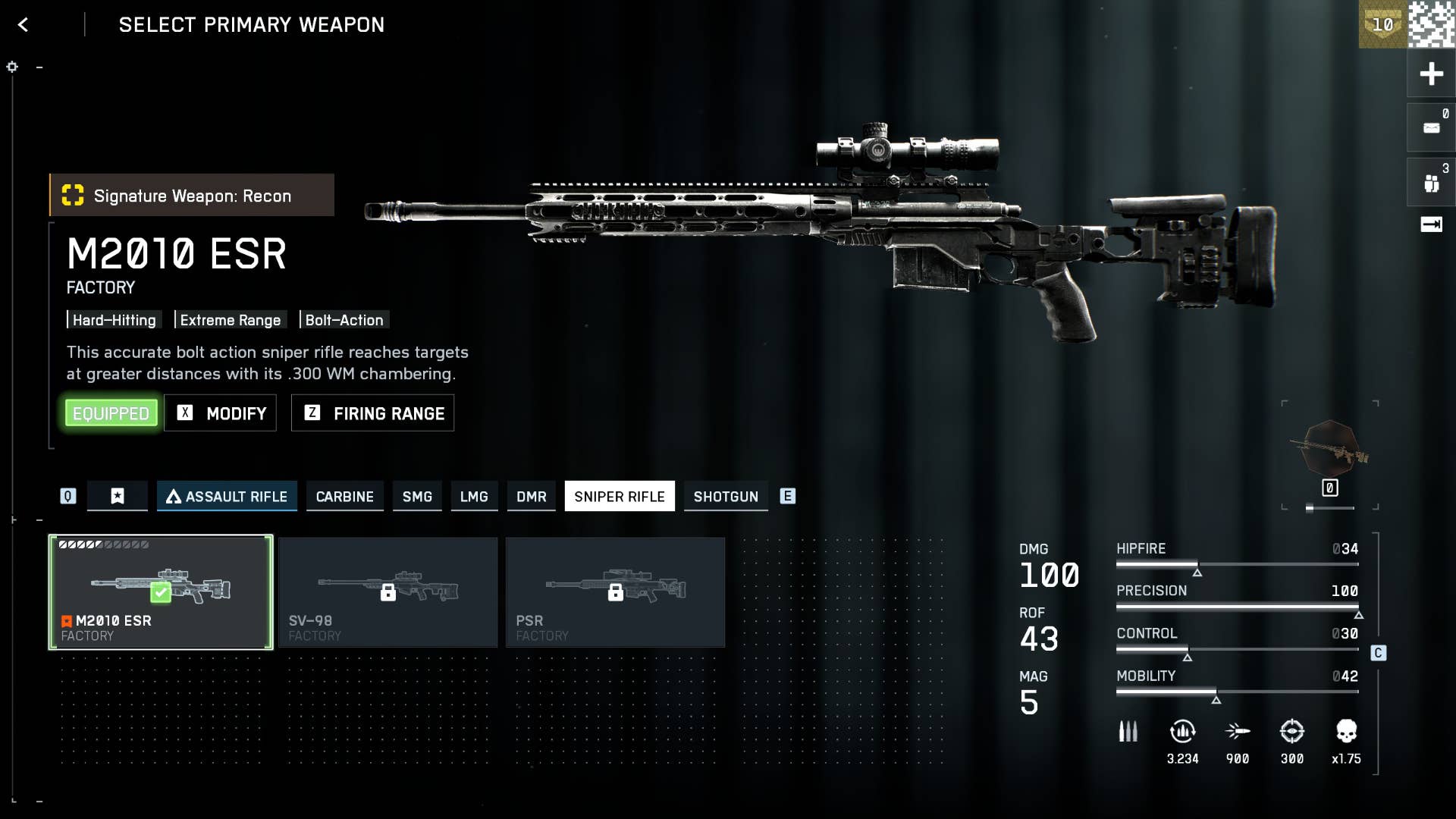 A screenshot of the Battlefield 6 loadout interface, with a sniper rifle towards the top right portion of the screen, against a plain background. The bottom of the screen shows smaller images of three guns, and the statistics of the selected gun, the M2010 ESR, are shown to the right.