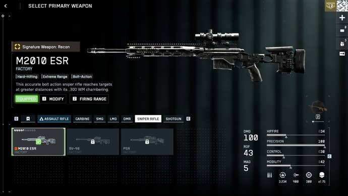 Zrzut ekranu przedstawiający interfejs wyposażenia w Battlefield 6, z karabinem snajperskim w prawej górnej części ekranu, na prostym tle. W dolnej części ekranu widoczne są mniejsze obrazy trzech dział, a po prawej stronie wyświetlane są statystyki wybranego działa, M2010 ESR.