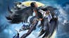 A slender feminine character clad in a skin-tight black leather bodysuit that has huge, voluminous, wing-like sleeves. She leaps into the air and looks over her shoulder to the camera, holding two guns out either side of her. A huge moon frames her.