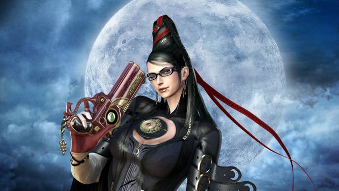 Bayonetta 1 artwork of the witch adjusting her glasses with a pistol in front of the moon
