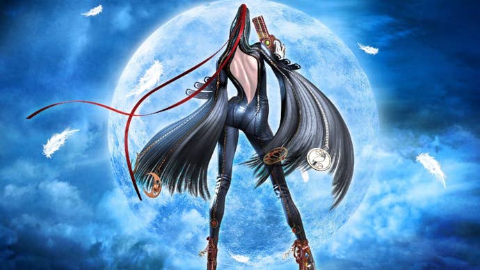 Bayonetta, a very tall woman with long black hair and a skin tight black suit, is facing away from the camera looking at a very large moon.