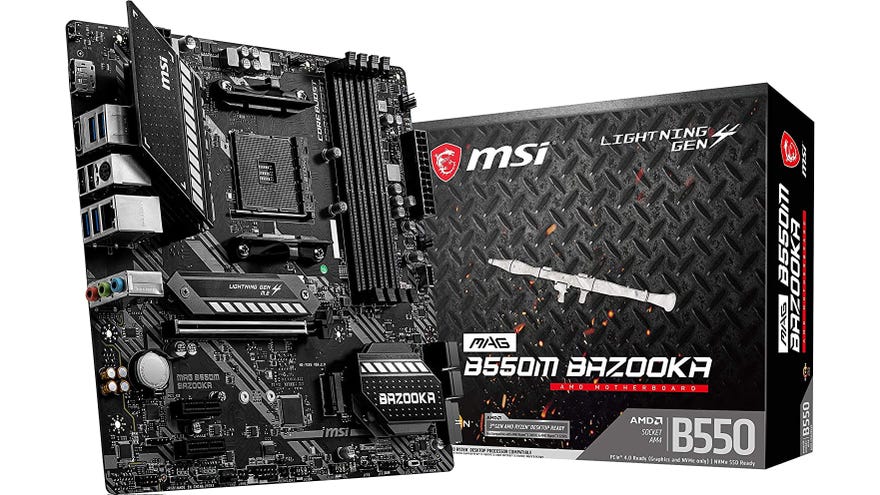 a photo of an msi motherboard, the msi mag b550m bazooka