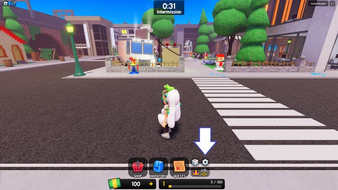 A screenshot from Be NPC or Die in Roblox showing the game’s settings button.