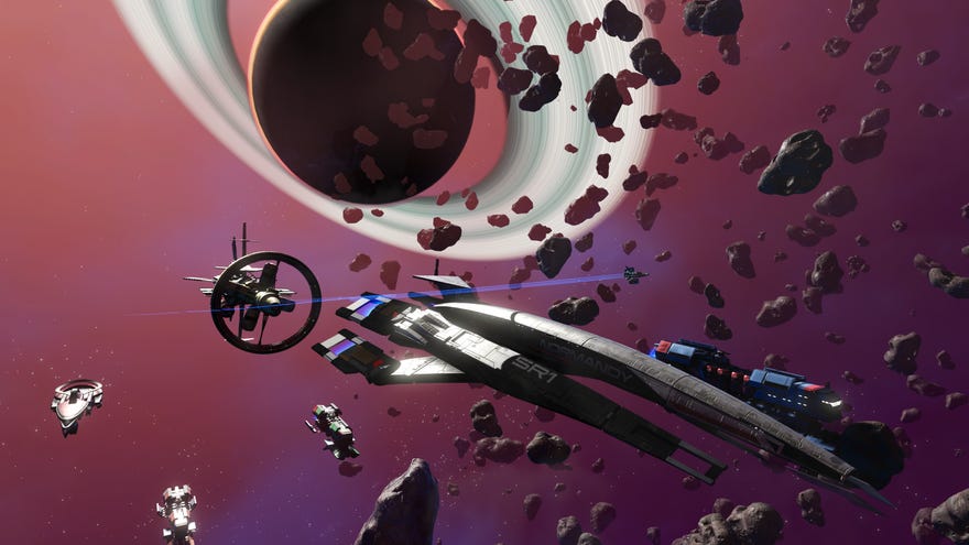 The Normandy frigate from Mass Effect floating near a ringed planet in No Man’s Sky