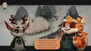 Beacon Pines - Main character Luka a young fawn talks with his fox friend Rolo beside a wheat field. Rolo proudly says "poking around a decrepit fertilizer warehouse is exactly how I want to spend the first day of summer."